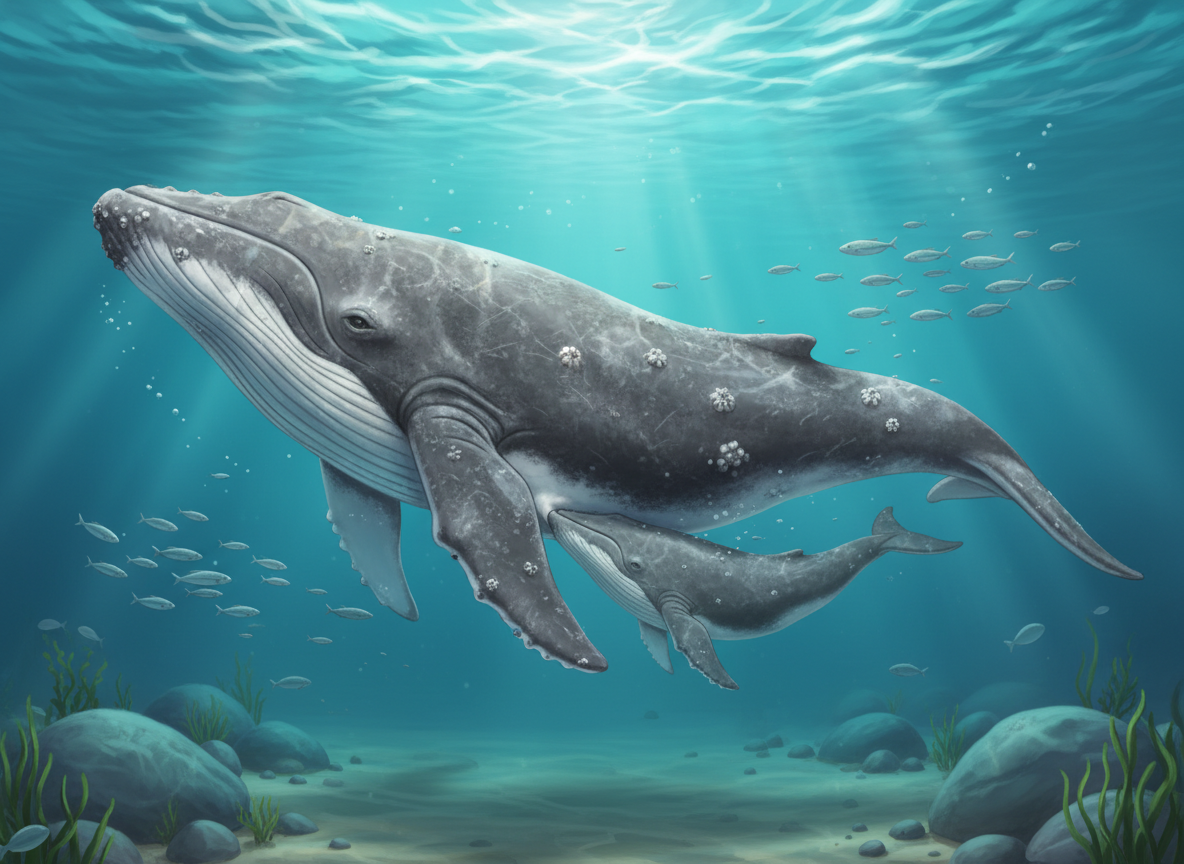 A mother whale (e.g., a gray whale) and her calf swimming close together in clear ocean water, showing their size difference and the calf nursing, naturalistic, no cartoon, no text.
