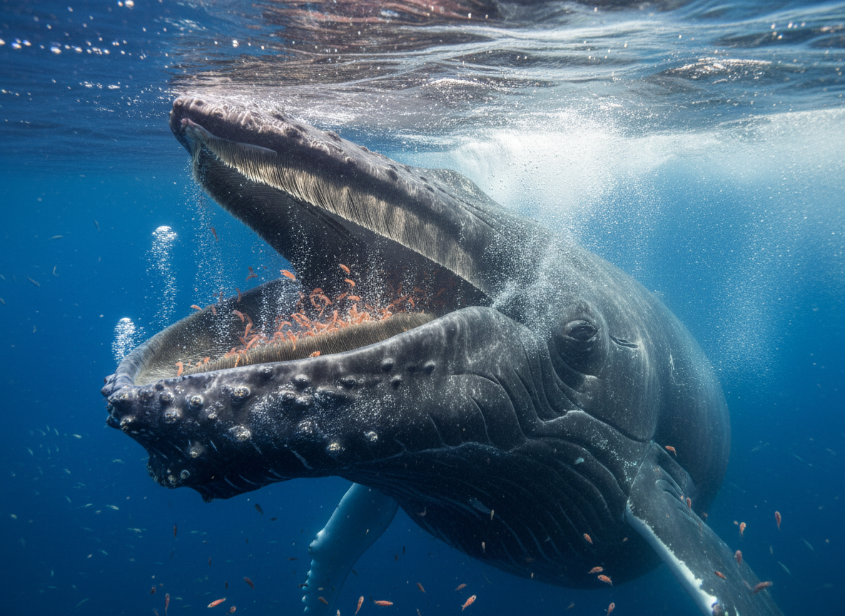 A large baleen whale, a humpback, with its mouth slightly open, showing its baleen plates filtering krill from the ocean water. Focus on the baleen structure, naturalistic, no cartoon, no text.
