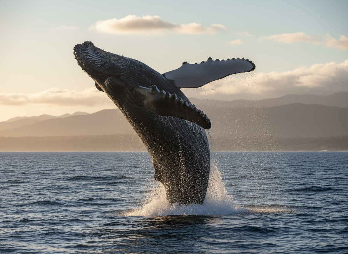 A humpback whale breaching out of the ocean, showing its powerful body and flippers, with calm ocean waves around it. Naturalistic, no cartoon, no text.
