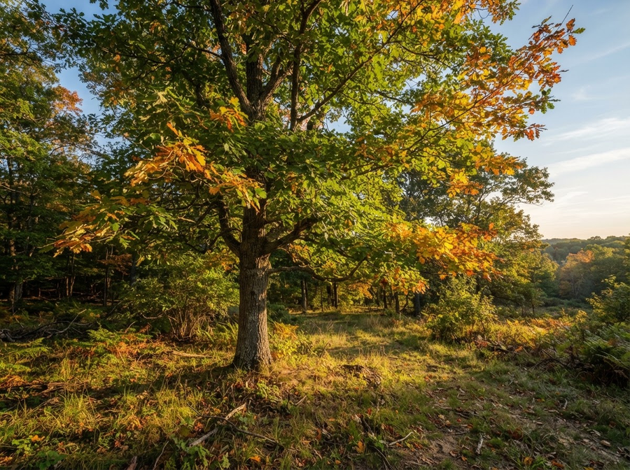 Educational image depicting a tree in early autumn, with green leaves starting to show hints of yellow and orange, and the sun low in the sky, casting longer shadows. No cartoon, no text.