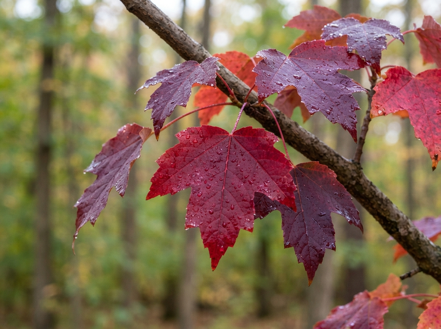 Educational image of a close-up of several vibrant red and purple autumn leaves, still on a branch, with dew drops visible, suggesting cool morning temperatures. No cartoon, no text.
