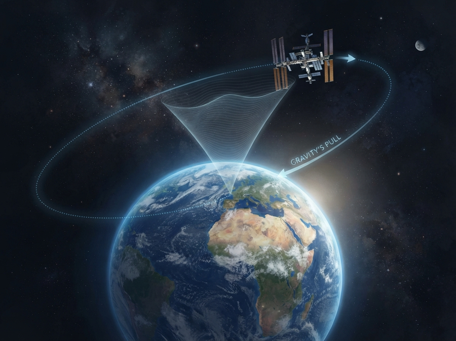A realistic illustration of Earth with the International Space Station (ISS) orbiting around it, showing its path and indicating the invisible force of gravity pulling it. Educational, no cartoon, no text.