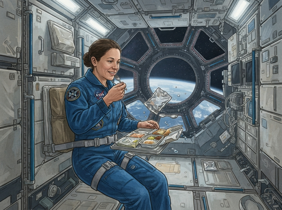 A detailed, realistic illustration of an astronaut eating a meal inside the International Space Station, with food packets and utensils floating slightly, and the astronaut secured to a surface with straps. Natural lighting, educational, no cartoon, no text.