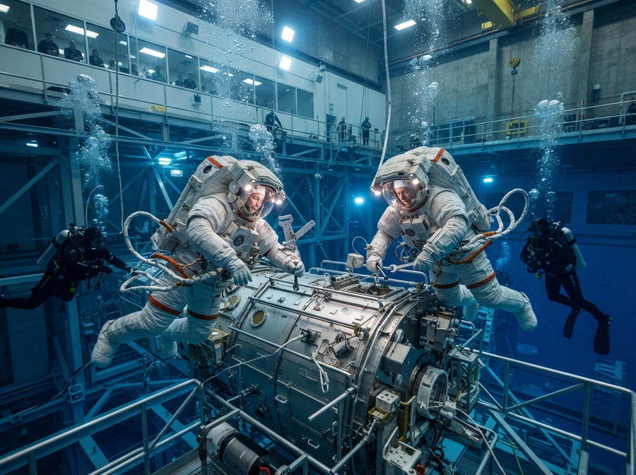 An educational illustration of astronauts training underwater in a large neutral buoyancy lab, wearing space suits and working with simulated space station modules. Realistic, detailed, no cartoon, no text.