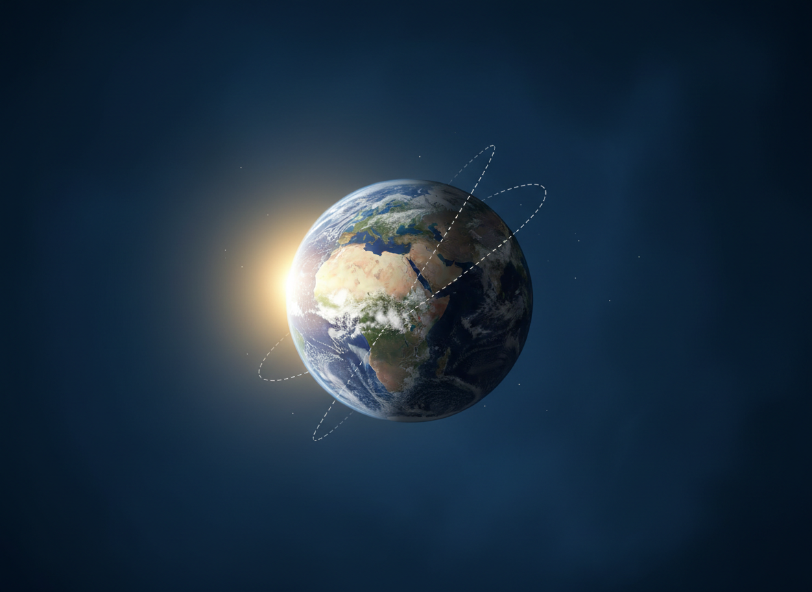 A realistic, educational globe with an imaginary axis line drawn through its poles, illustrating Earth's tilt and spin, with a faint light source representing the sun to one side. No cartoon elements, no text.