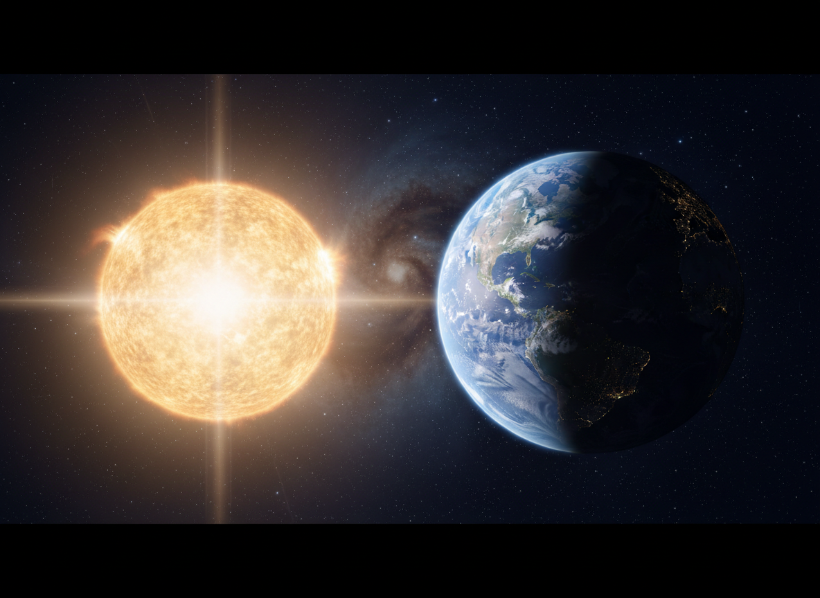A realistic, educational depiction of a single, bright sun shining intensely on one half of a spherical planet (representing Earth), leaving the other half in shadow. No cartoon elements, no text.
