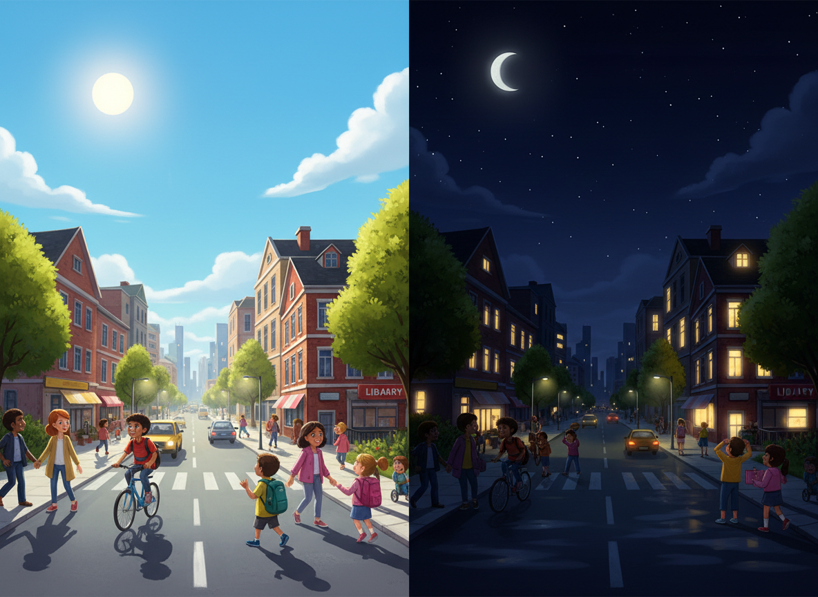 A realistic, educational split image showing a city street scene in bright daylight on one side, and the same city street at night with stars and a moon on the other, symbolizing the transition from day to night. No cartoon elements, no text.