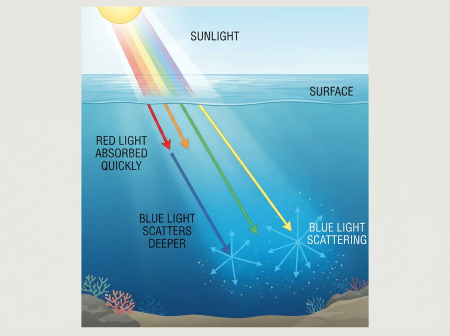 A scientific illustration showing different wavelengths of light (red, green, blue) entering a body of water, with red light being absorbed quickly and blue light penetrating deeper and scattering.