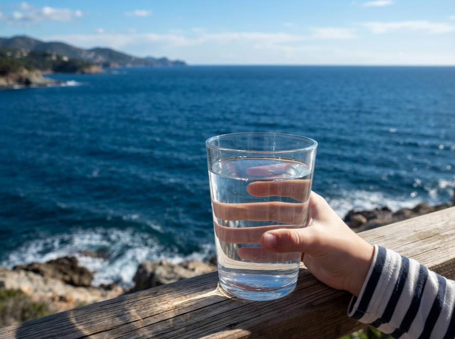 A close-up, clear view of pure water in a glass, appearing colorless, contrasted with a deep blue ocean in the background, illustrating the difference in light absorption over distance.