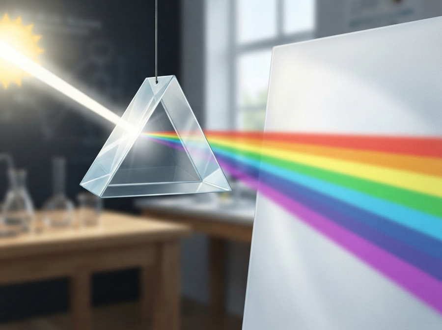 An educational illustration showing a beam of white sunlight splitting into a rainbow of colors as it passes through a prism.