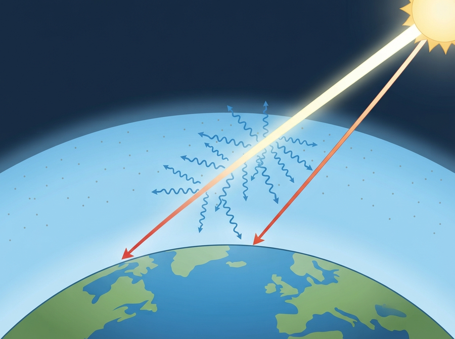 A scientific diagram illustrating sunlight entering Earth's atmosphere, with blue light waves shown scattering off tiny atmospheric particles in many directions, while red light waves pass through more directly.