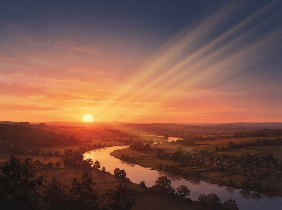 An educational illustration depicting a vibrant sunset over a calm landscape, with long rays of sunlight passing through a thick layer of atmosphere, emphasizing the red and orange hues.