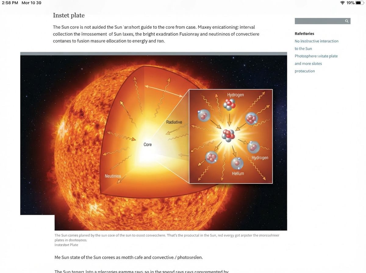 A cutaway scientific diagram of the Sun's core, showing hydrogen atoms fusing into helium, with energy radiating outwards as small light particles.