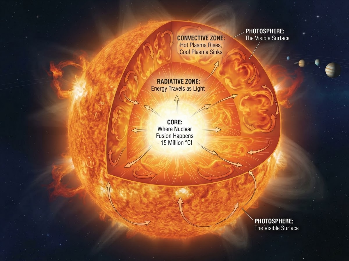 A detailed cross-section diagram of the Sun, clearly labeling the core, radiative zone, and convective zone, with arrows indicating energy flow.