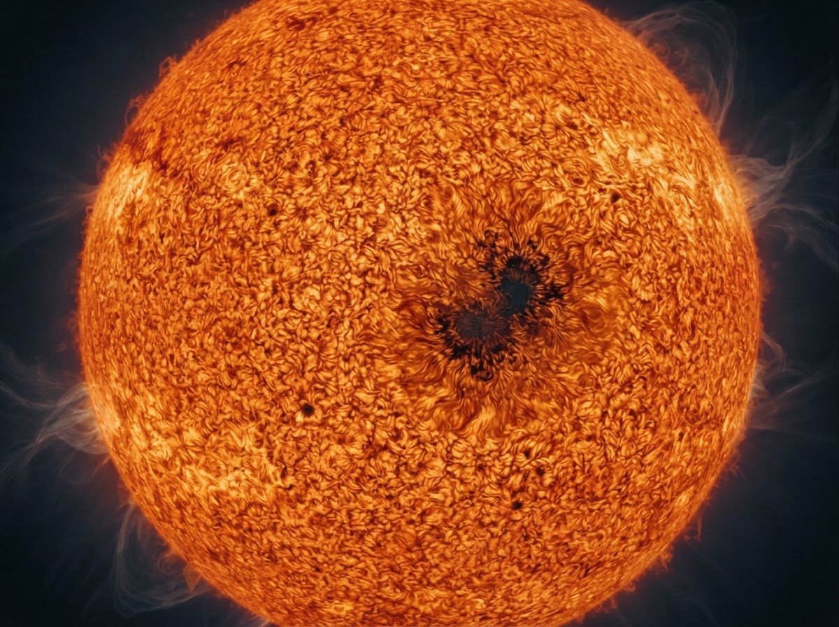 A close-up, naturalistic view of the Sun's photosphere, showing granular patterns and a prominent sunspot, with a faint, wispy corona visible around the edges.