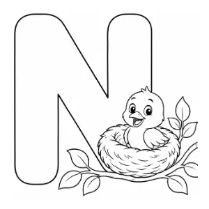 Alphabet N colouring   Bird and nest coloring sheet thumbnail