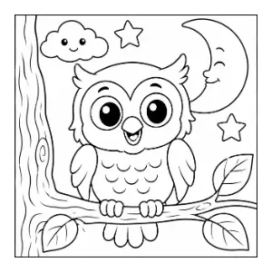 Baby Owl Sitting on a tree coloring sheet thumbnail
