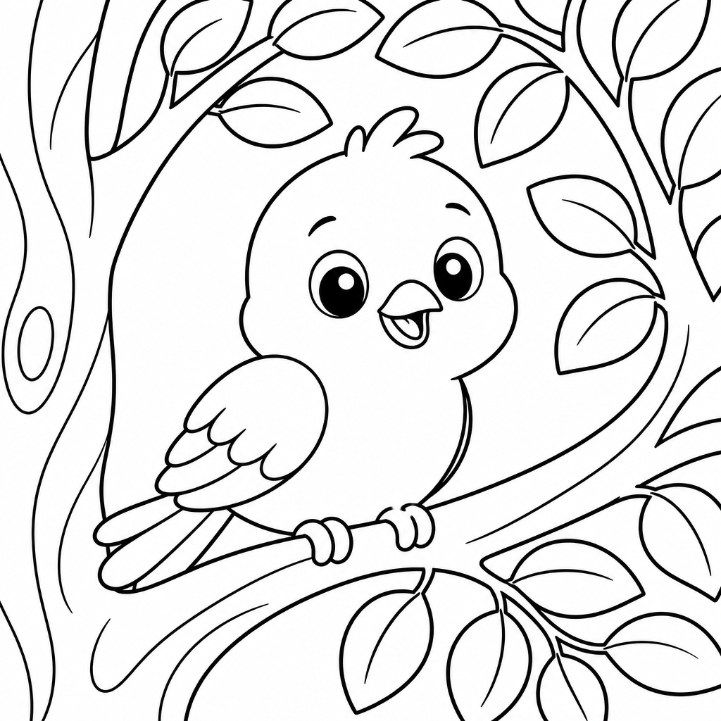 Cute Little Bird In Tree colouring page