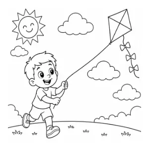Boy Playing with kite coloring sheet thumbnail