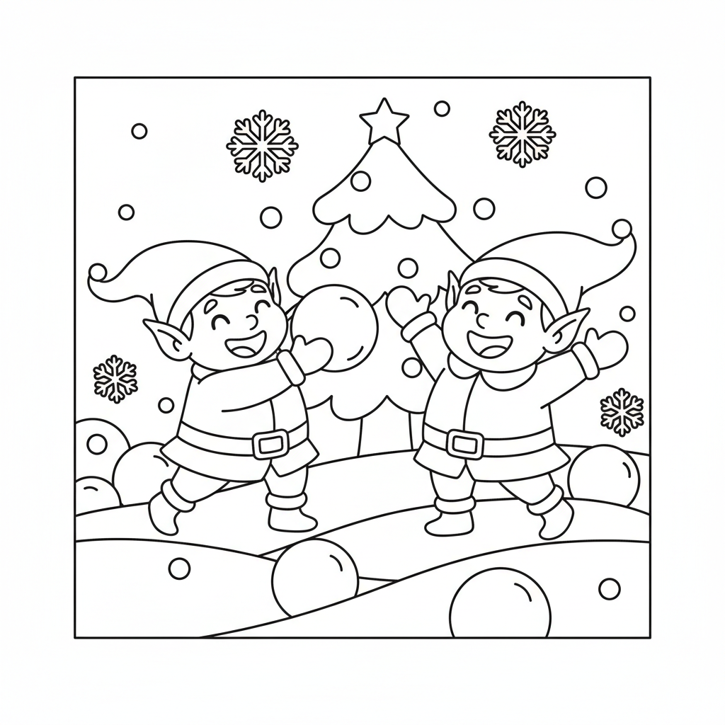Two Elves Playing In Snow. coloring sheet thumbnail