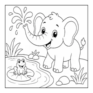 Cute Elephant playing in pond coloring sheet thumbnail