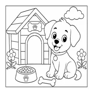 Cute Puppy Near Kennel coloring sheet thumbnail