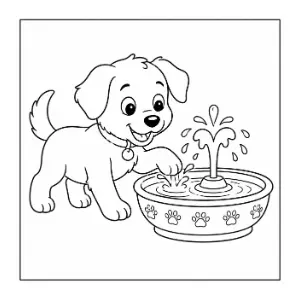 Cute Puppy Playing with Water Fountain coloring sheet thumbnail