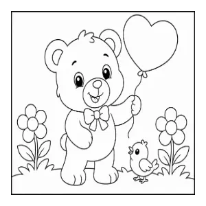 Cute Teddy with Heart Shape Baloon coloring sheet thumbnail