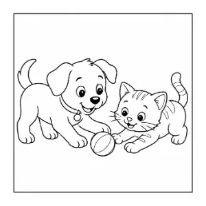 Dog and cat playing coloring sheet thumbnail