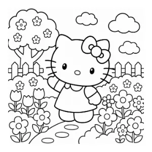 Hello Kitty in the garden coloring sheet thumbnail