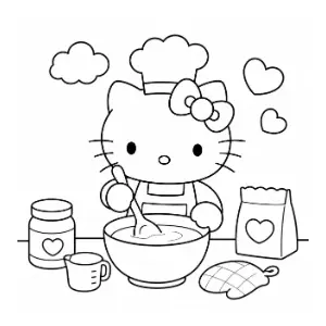 Hello Kitty Making Cake coloring sheet thumbnail
